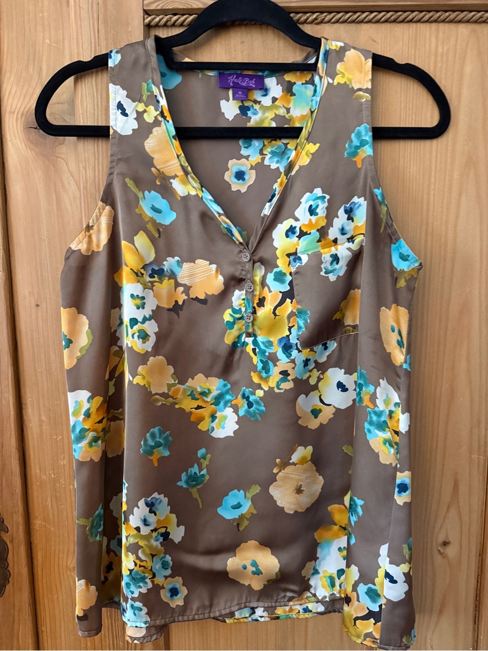 Hale Bob Brown Floral V-Neck Sleeveless Camisole with Yellow & Blue Flowers